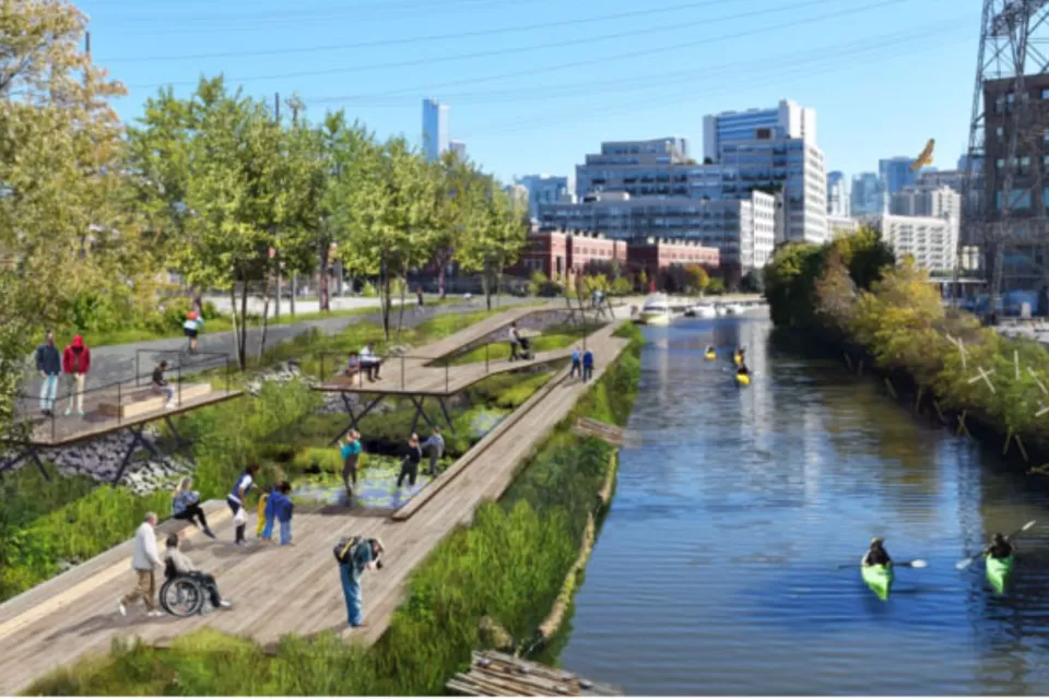 A conceptual rendering of the Wild Mile river restoration shows newly built docks and walkways and greenery along the Chicago River.